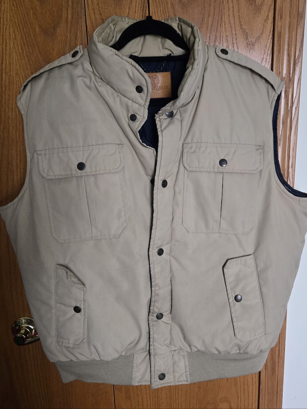 Black Sheep Mens XL Tan Puffer Utility Vest Navy Lined Snap Front Vintage Style